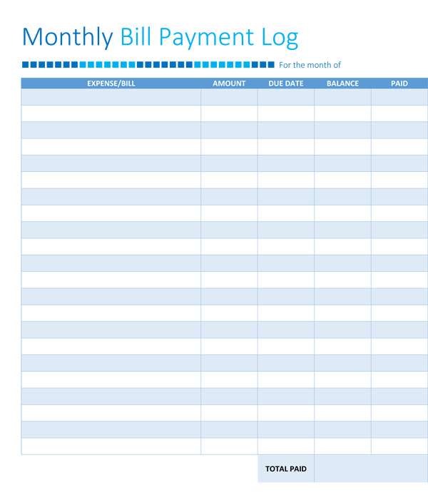 Free Printable Monthly Bill Payment Log Pdf