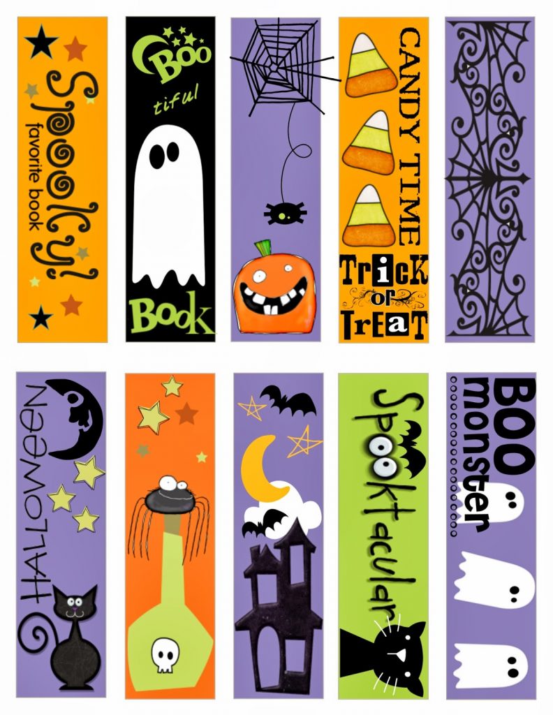 Halloween bookmark with witch and pumpkin designs