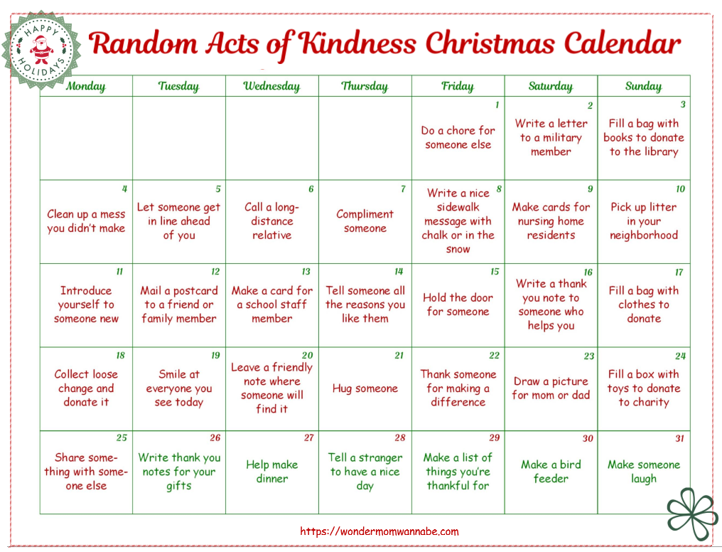 Free Printable Random Acts of Kindness Christmas Advent Calendar for ...