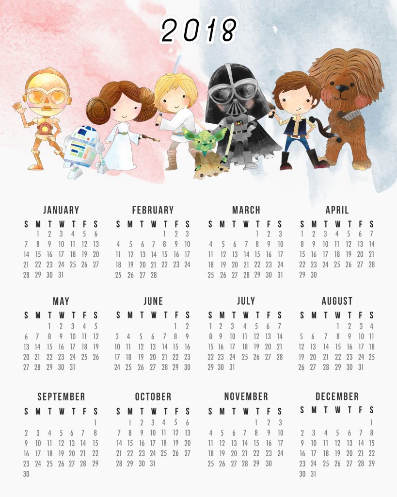 Free Printable One Page Star Wars 2018 Calendar • Free-Printables.com