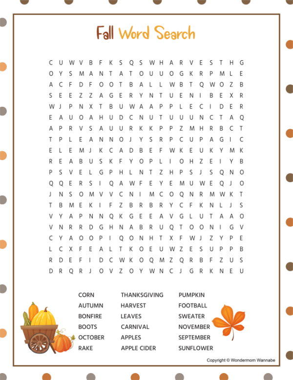 Free Printable Fall Word Search with Answer Key • Free-Printables.com